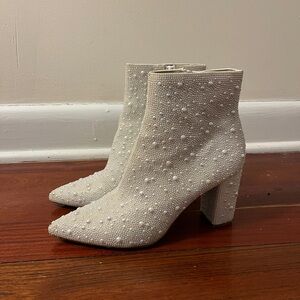 Betsy Johnson Cady Boot Pearl — Women's Ivory Pearl-Embellished Ankle Boots